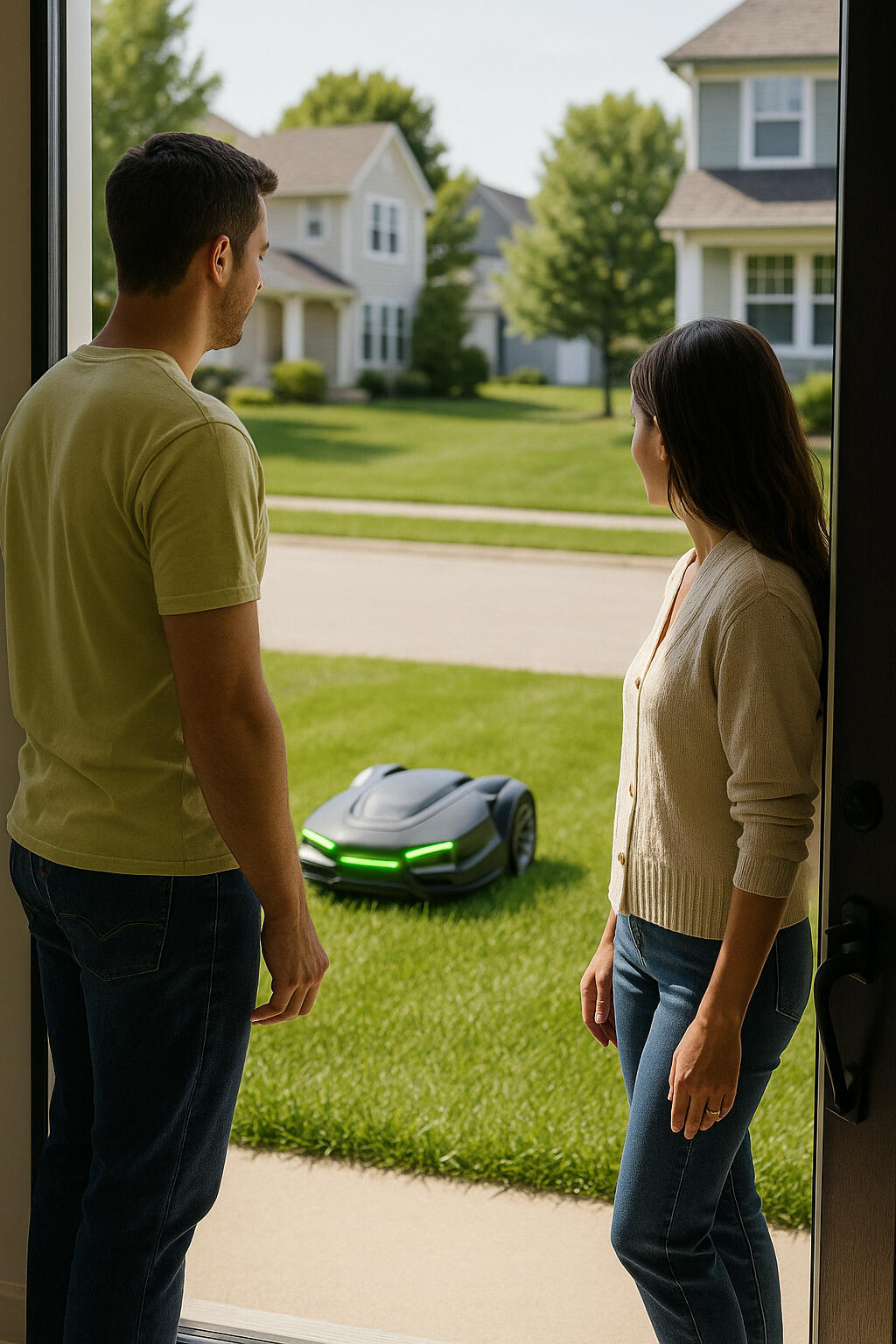 Homeowners watching robot mower from front door
