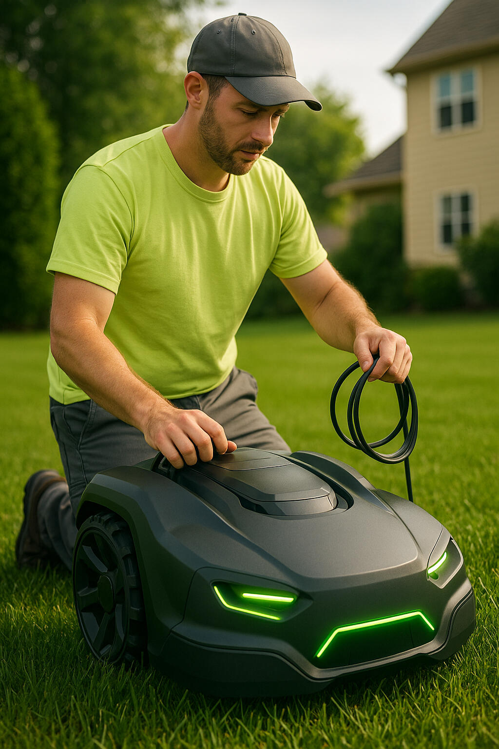 Romow technician setting up and calibrating a robot mower
