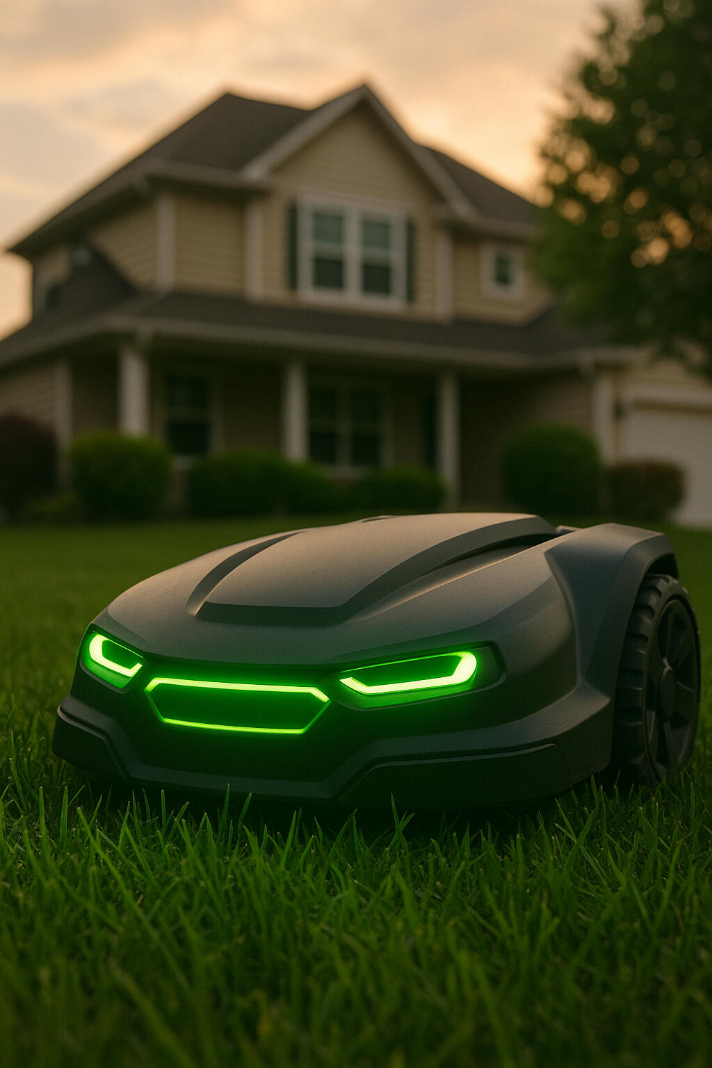 Robot Lawn Mower Futuristic robot mower cutting a Minnesota lawn
